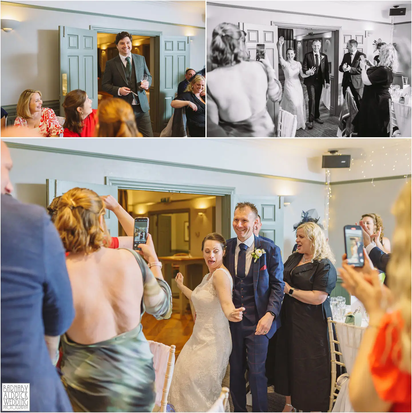 Fun bride and groom entrance to the wedding meal at Chevin Country Park in Yorkshire
