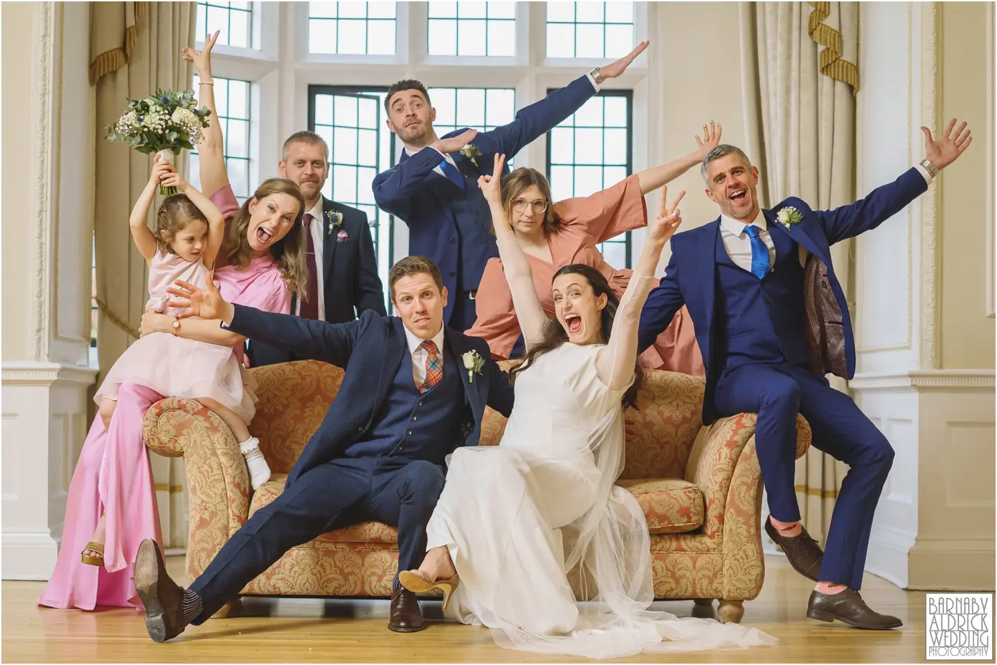 Fun wedding party group photos at Goldsborough Hall, Goldsborough Hall Wedding Photography, Yorkshire Wedding, Yorkshire Wedding Photographer, Knaresborough Wedding, Harrogate wedding venue, Yorkshire Stately House Wedding