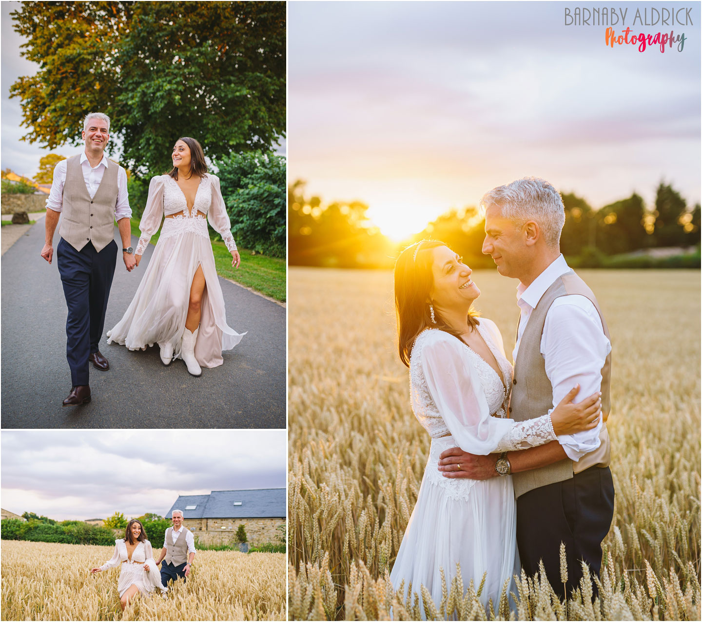 Sunset golden hour wedding photos at at Yorkshire Wedding Barn near Richmond, white Bridal Cowgirl boots and a bohemian wedding dress