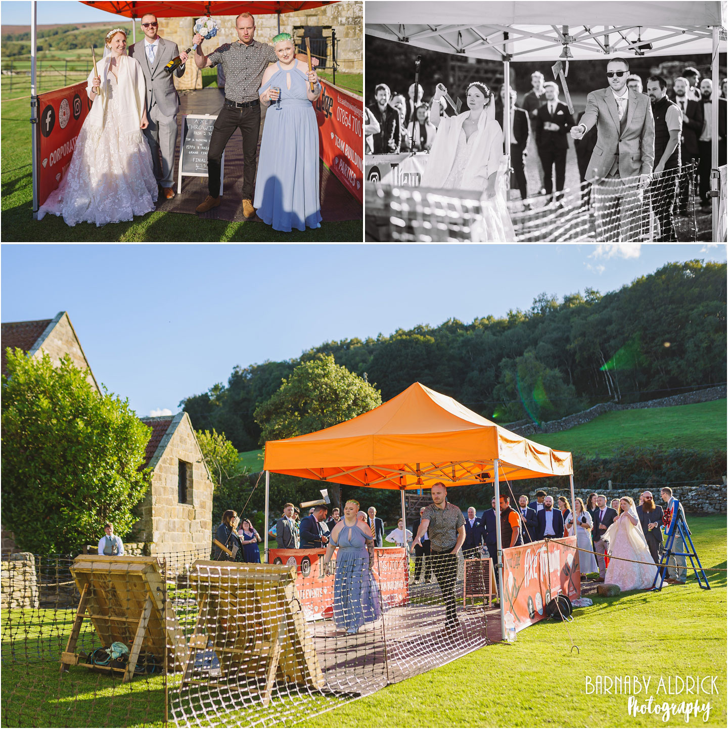 Wedding Axe Throwing at Danby Castle Barns in Yorkshire