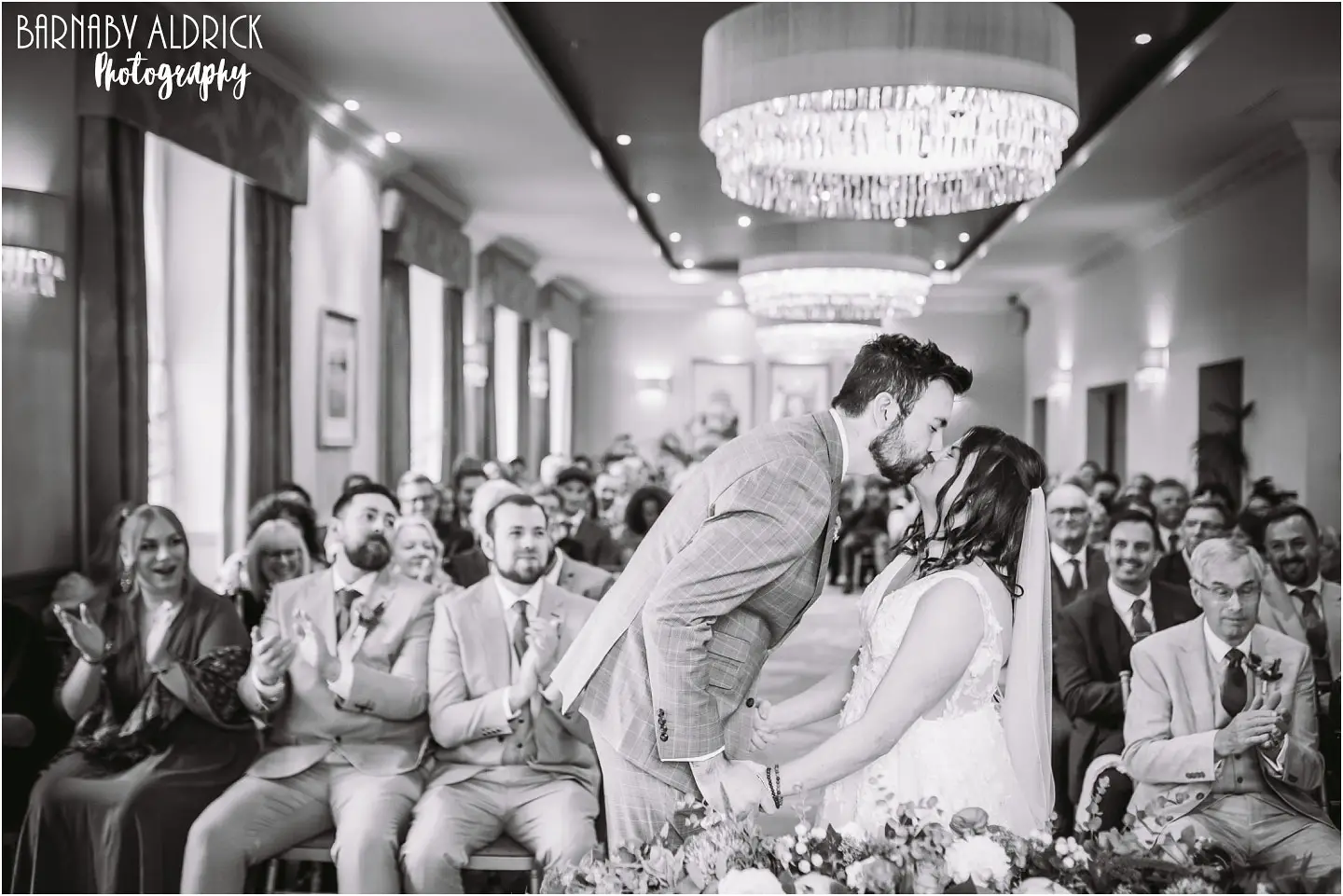 Civil ceremony kiss wedding photos at the Mansion in Leeds in West Yorkshire