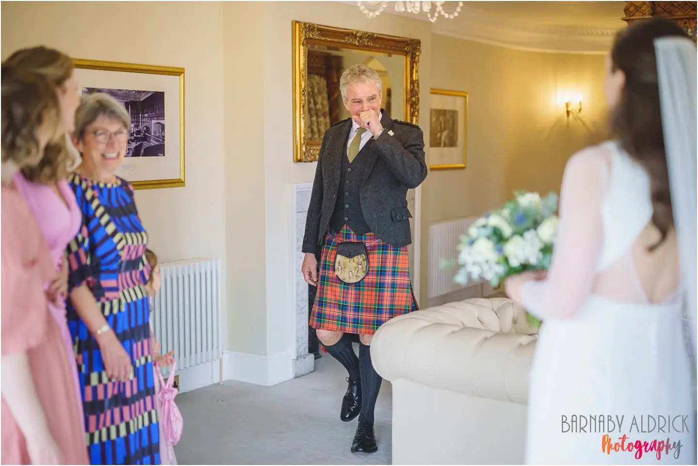 Father daughter first look wedding photo at Goldsborough Hall in Yorkshire