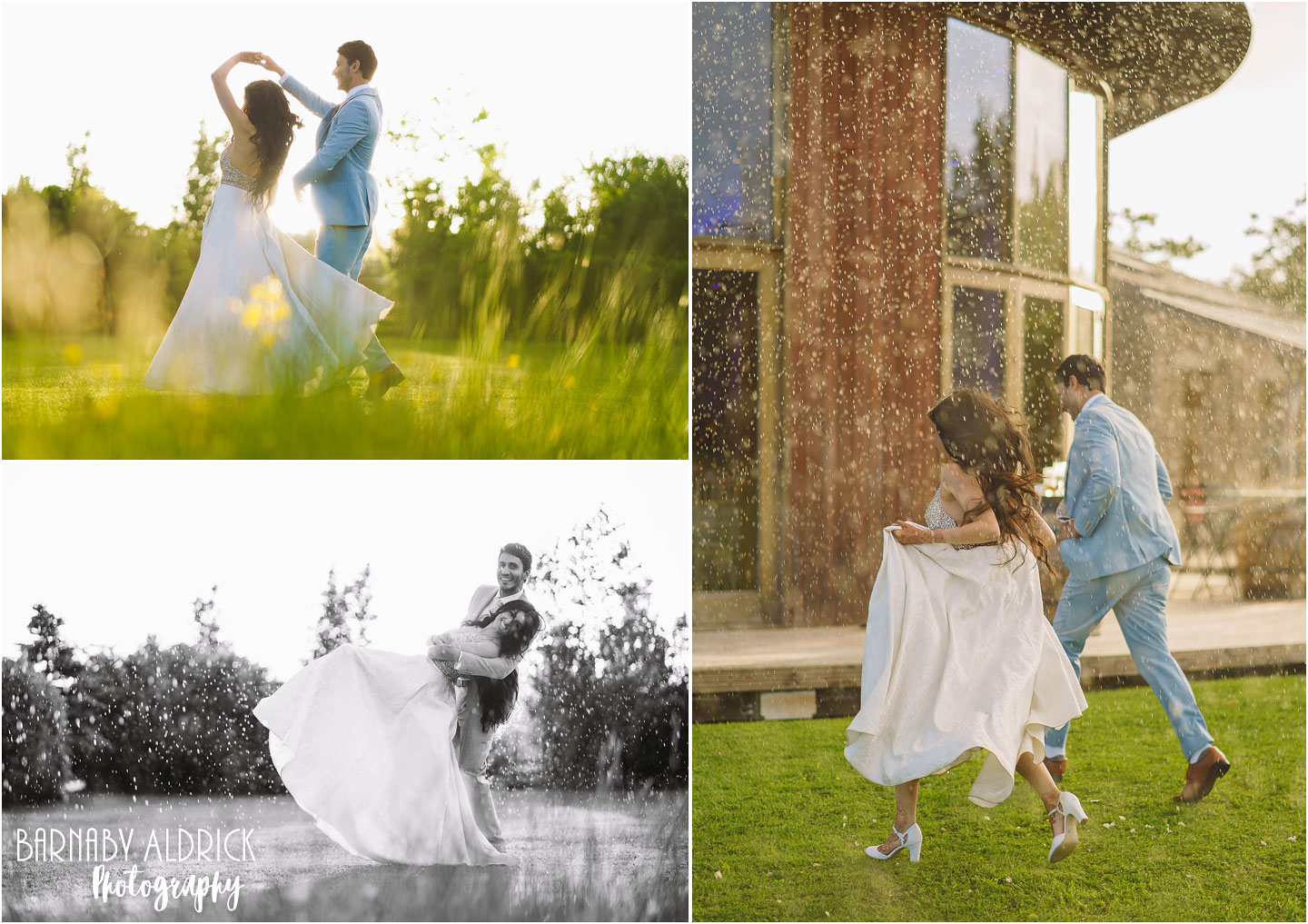 Dancing in the rain fun wedding photos at The Outbarn venue near Clitheroe