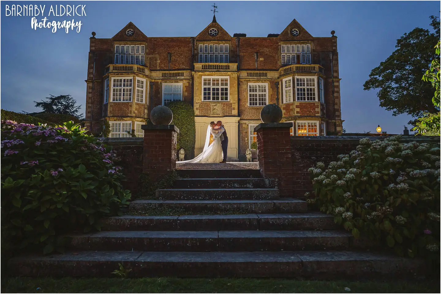 Evening flash wedding photography portrait at Goldsborough Hall near Harrogate