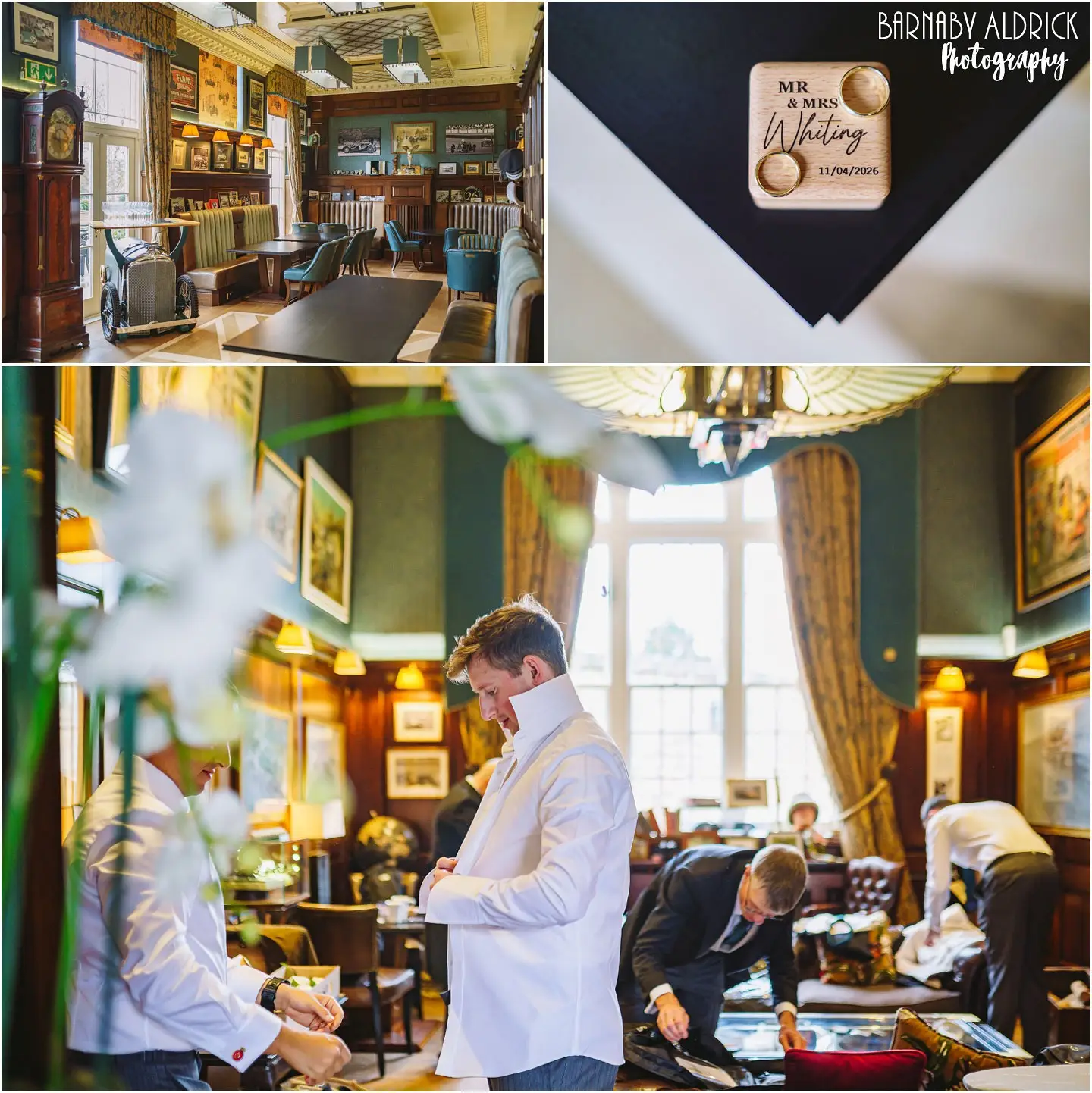 Grooms wedding preparations in the drivers club at Bowcliffe Hall in Yorkshire