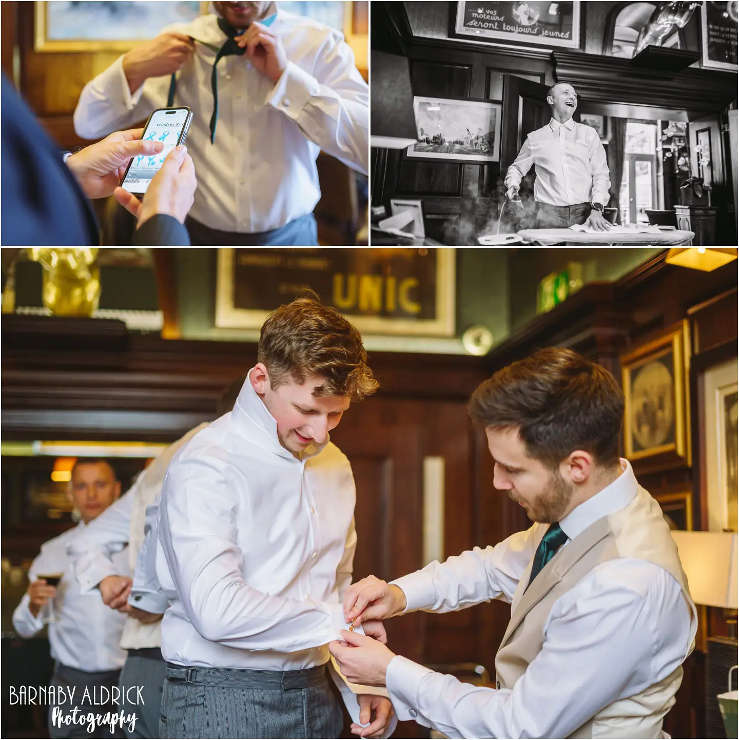 Grooms preparations photos in the drivers club at Bowcliffe Hall in Yorkshire