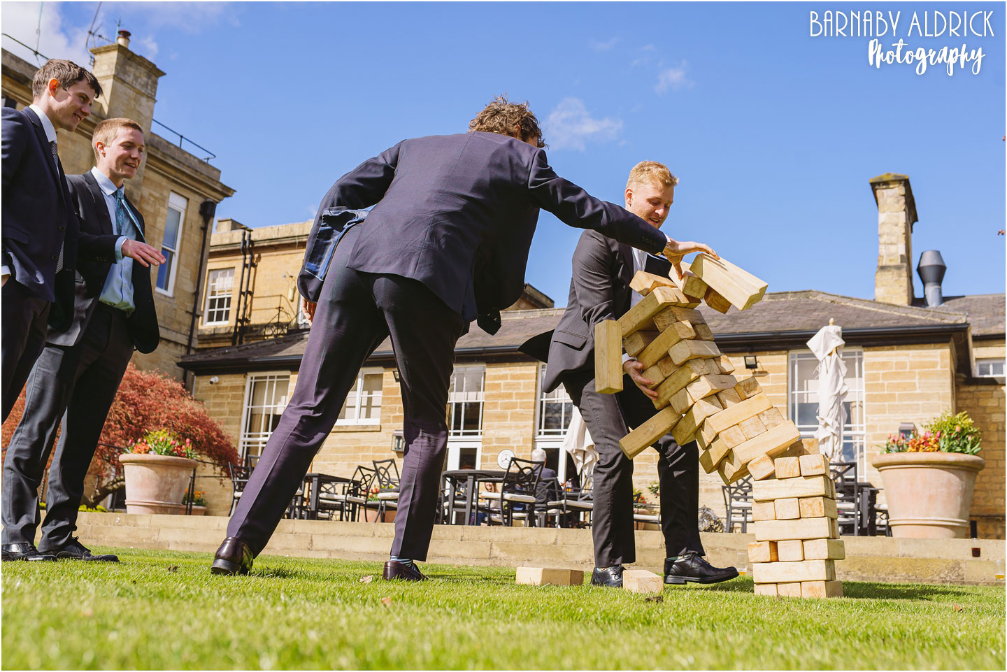 Candid wedding jenga photos at Bowcliffe Hall Yorkshire