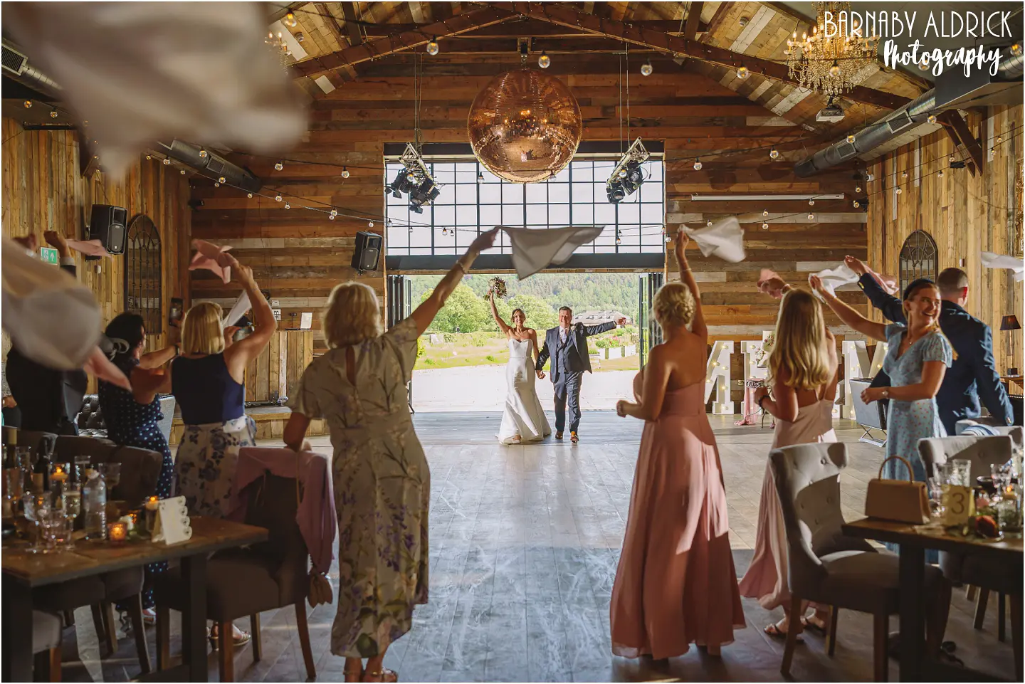 The South Barn wedding entrance photo at Wharfedale Grange