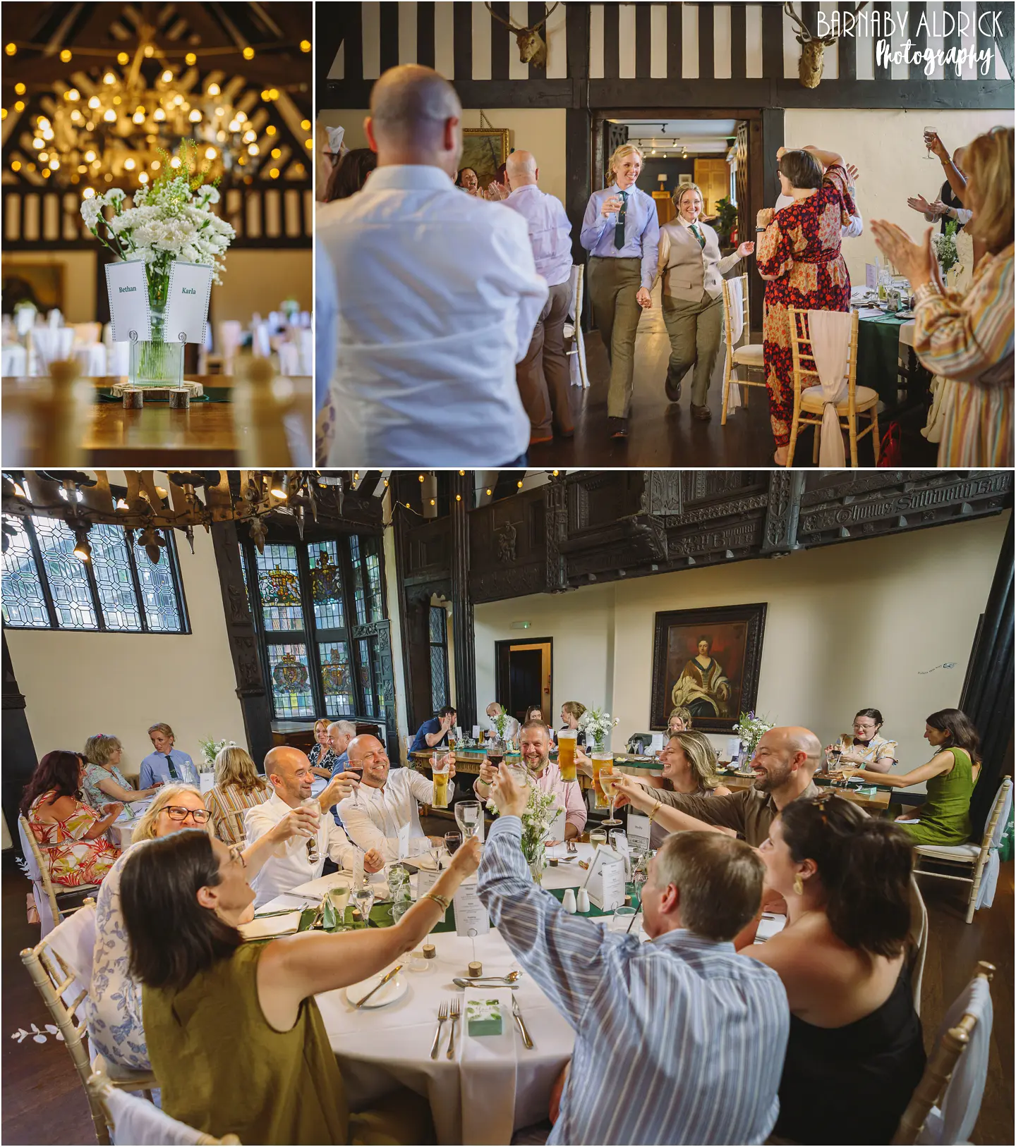Wedding breakfast in the great hall at Samlesbury Hall near Preston in Lancashire