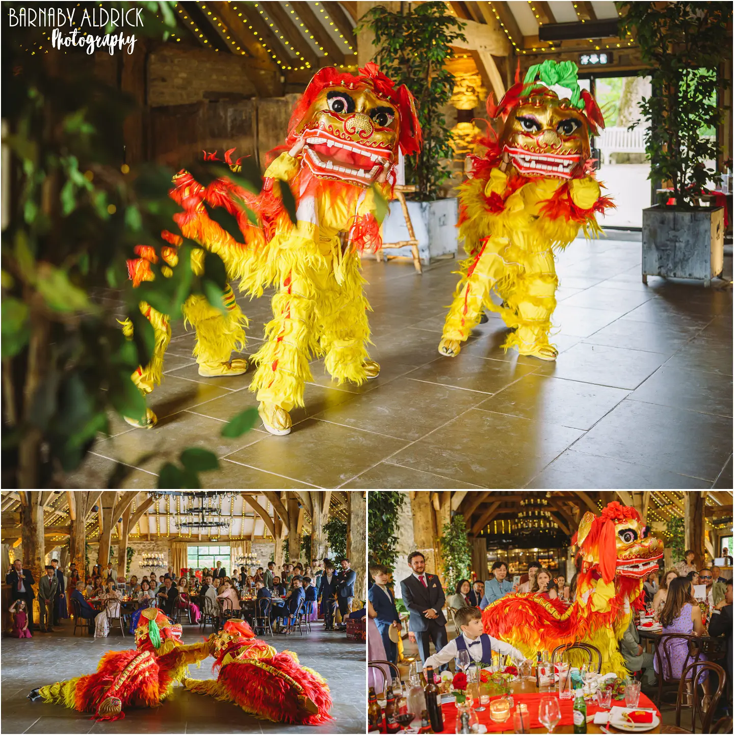 Traditional Chinese Lion Dancers at the Tithe Barn Wedding Venue in Bolton Abbey in Yorkshire 