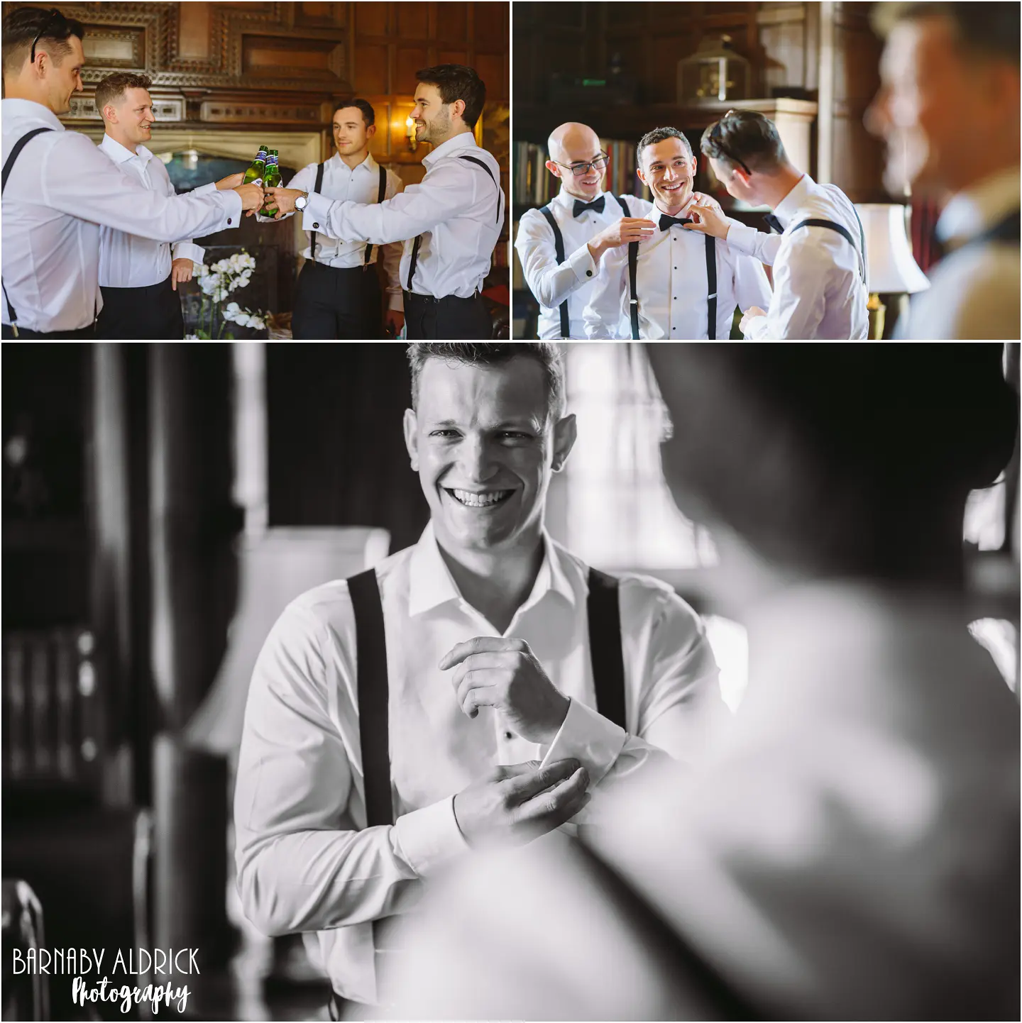 Groomsmen preparations in the library at Goldsborough Hall in Yorkshire