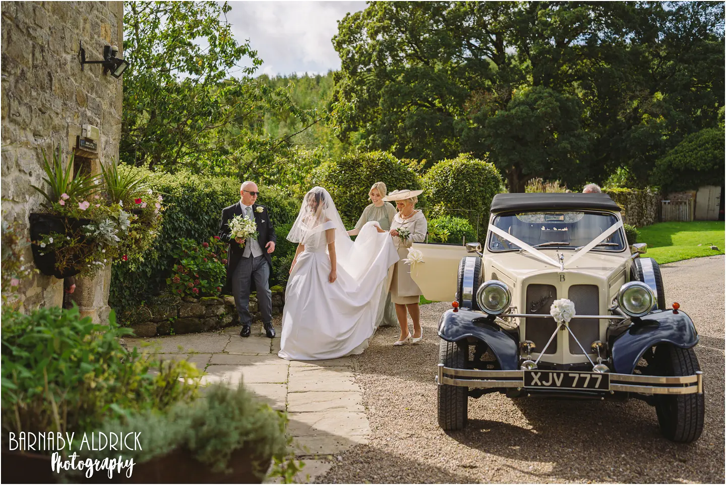 Bride arriving at the Priests House at Barden Tower Bolton Abbey wedding photos