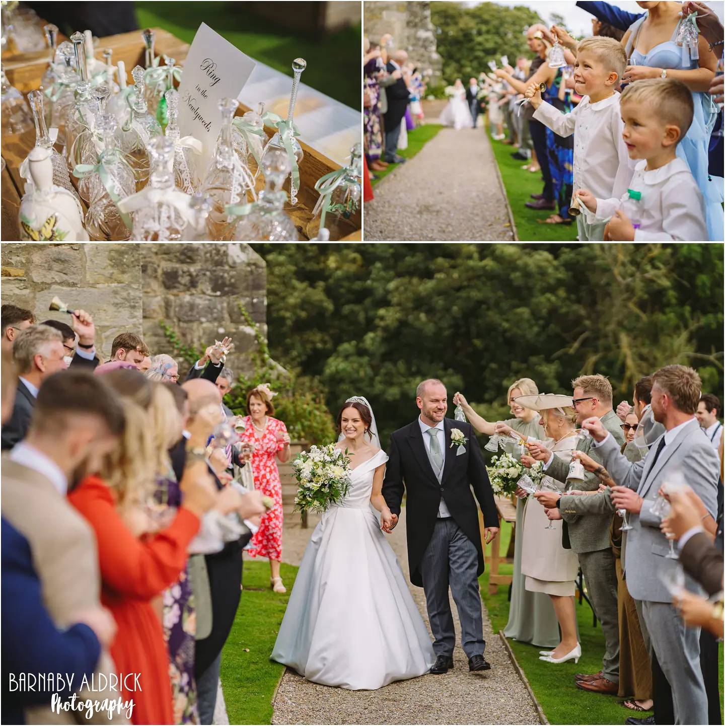 Glass bells wedding runway confetti alternative wedding photos at the Priests House in the Yorkshire Dales