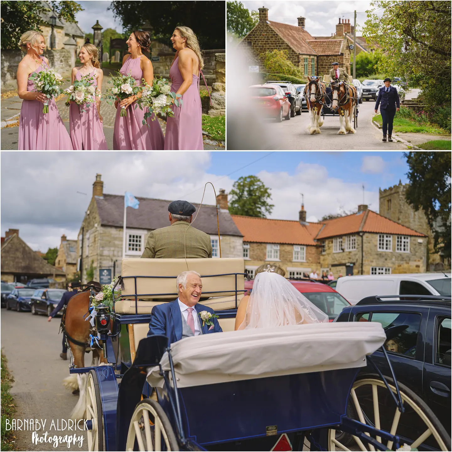 Clydesdale horse pulled cart wedding photos yorkshire