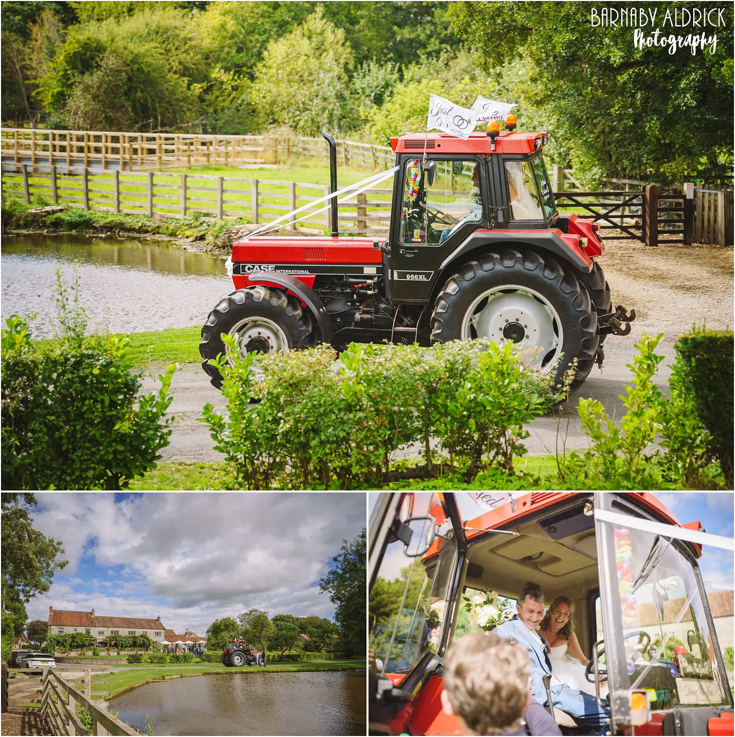 Wedding couple arrive at their country wedding at The Pheasant on a Massey Ferguson tractor